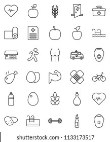 thin line vector icon set - oil vector, egg, potato, chicken leg, apple fruit, diet, barbell, heart pulse, bike, muscule hand, buttocks, water bottle, fitness mat, cereals, run, doctor bag, patch
