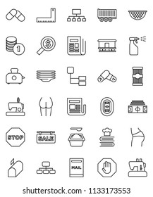 thin line vector icon set - washing powder vector, sprayer, plates, colander, cookbook, pasta, corner ruler, coin stack, money search, hierarchy, stadium, buttocks, truck trailer, Railway carriage