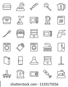 thin line vector icon set - plunger vector, water tap, vacuum cleaner, fetlock, mop, sponge, car, washing powder, rubber glove, microwave oven, double boiler, blender, fridge, washer, dishwasher