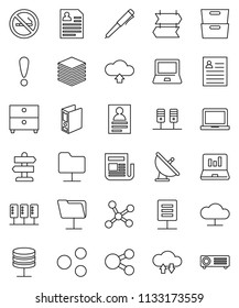 thin line vector icon set - pen vector, notebook pc, archive, personal information, laptop graph, binder, no smoking, signpost, attention, satellite antenna, newspaper, network, server, folder