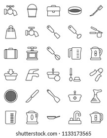 thin line vector icon set - plunger vector, water tap, bucket, car fetlock, toilet brush, pan, kettle, measuring cup, cook press, whisk, spatula, sieve, case, hand trainer, scalpel, shopping bag