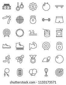 thin line vector icon set - target vector, barbell, stadium, weight, jump rope, hand trainer, punching bag, fitball, muscule, snickers, boxing glove, shorts, roller Skates, skateboard, medal, hoop