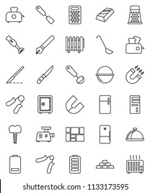 thin line vector icon set - camping cauldron vector, spatula, ladle, knife, grater, blender, dish, pen, magnet, gold ingot, safe, hand trainer, consolidated cargo, battery, scalpel, tooth implant