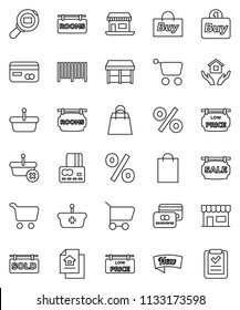 thin line vector icon set - house hold vector, cart, credit card, office, cargo search, estate document, sale signboard, rooms, sold, low price, new, shopping bag, percent, market, store, buy, list