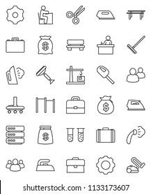 thin line vector icon set - scraper vector, vacuum cleaner, rake, iron, steaming, student, case, money bag, horizontal bar, group, vial, scissors, big data, gear, bench, construction crane