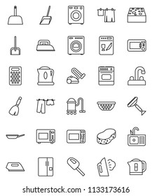 thin line vector icon set - scraper vector, broom, vacuum cleaner, scoop, sponge, steaming, drying clothes, sink, water tap, pan, colander, grater, microwave oven, washer, fridge, iron, dishwasher