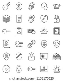 thin line vector icon set - certificate vector, personal information, dollar shield, safe, protected, link, big data, server, firewall, chain, lock, key, siren, home protect, password