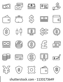 thin line vector icon set - exchange vector, dollar coin, japanese candle, credit card, wallet, cash, investment, stack, check, shield, monitor, any currency, pound, yen sign, money