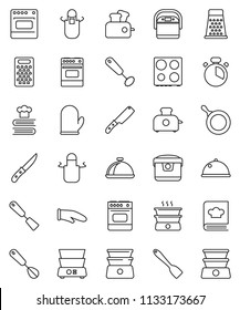 thin line vector icon set - pan vector, apron, cook glove, timer, whisk, spatula, knife, grater, oven, double boiler, cookbook, dish, multi cooker, toaster
