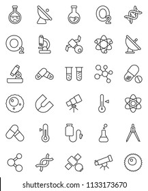 thin line vector icon set - thermometer vector, drawing compass, atom, telescope, microscope, magnet, flask, pills, molecule, oxygen, satellite, antenna, vial, dna, drop counter, ovule