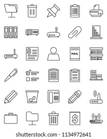 thin line vector icon set - trash bin vector, pencil, case, pen, clipboard, paper pin, exam, binder, receipt, network folder, router, attachment, user, mailbox, apartments, building, phone, printer