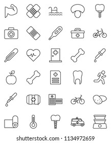 thin line vector icon set - mushroom vector, potato, apple fruit, heart pulse, bike, muscule hand, fitness mat, first aid kit, bone, run, doctor bag, thermometer, dropper, patch, anamnesis, tooth