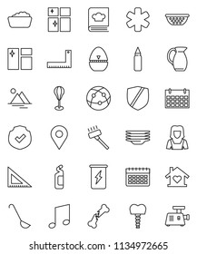 thin line vector icon set - vacuum cleaner vector, window cleaning, foam basin, agent, plates, shining, woman, colander, cook timer, ladle, cookbook, jug, corner ruler, music, punching bag, calendar