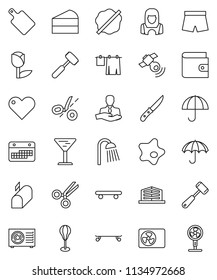thin line vector icon set - splotch vector, drying clothes, shower, cleaner woman, knife, meat hammer, cutting board, cake, wallet, punching bag, shorts, skateboard, client, calendar, glass, tulip
