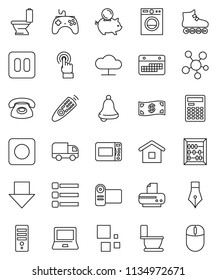 thin line vector icon set - toilet vector, pen, bell, calculator, notebook pc, abacus, piggy bank, arrow down, roller Skates, calendar, gamepad, remote control, touchscreen, social media, rec, menu