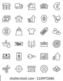 thin line vector icon set - japanese candle vector, laptop graph, percent growth, dollar, target, euro sign, barcode, credit card, coin, cash, open, shopping bag, market, store, mall, customer, home