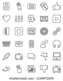 thin line vector icon set - disk vector, music hit, newspaper, tv, settings, video camera, touchscreen, dialog, speaking man, headphones, notebook pc, classic phone, link, speaker, finger up, down