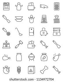 thin line vector icon set - apron vector, cook glove, timer, skimmer, spatula, ladle, meat hammer, grater, toaster, oven, double boiler, cookbook, spices, blender, bbq, plates, jar, cereal, cereals