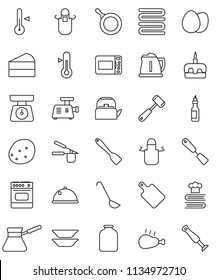 thin line vector icon set - pan vector, kettle, scales, apron, towel, cook press, spatula, ladle, meat hammer, cutting board, turk coffee, cookbook, thermometer, plates, dish, jar, egg, potato, cake