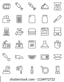 thin line vector icon set - sponge vector, plates, sink, water tap, pan, colander, scales, cook glove, timer, whisk, knife, cutting board, grater, double boiler, spices, blender, dish, jar, oil
