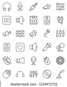 thin line vector icon set - disk vector, music hit, microphone, speaker, loudspeaker, settings, headphones, pause button, rec, rca, jack, equalizer