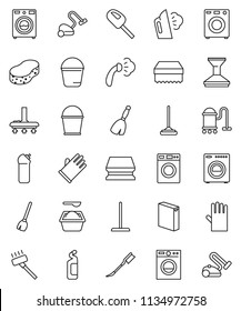 thin line vector icon set - broom vector, vacuum cleaner, mop, bucket, sponge, car fetlock, steaming, washer, washing powder, cleaning agent, rubber glove