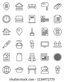 thin line vector icon set - scoop vector, sponge, foam basin, washing powder, water closet, cleaner woman, sieve, jar, university, gold ingot, clock, personal information, document, top sign, globe