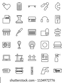 thin line vector icon set - water tap vector, clothespin, sponge, car fetlock, sprayer, notebook pc, annual report, cent sign, hand trainer, punching bag, skateboard, calendar, fitness mat, signpost