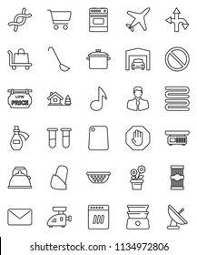 thin line vector icon set - pan vector, kettle, colander, towel, ladle, cutting board, oven, double boiler, pasta, music, cart, prohibition sign, route, plane, client, vial, dna, potion, bandage