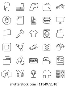 thin line vector icon set - water tap vector, washer, kettle, meat hammer, toaster, copybook, microscope, molecule, flag, annual report, presentation board, yen sign, t shirt, satellite, document
