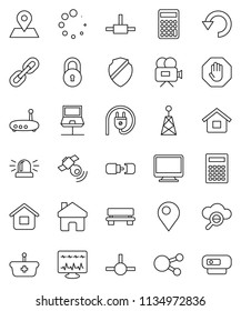 thin line vector icon set - calculator vector, map pin, antenna, satellitie, video camera, social media, diagnostic monitor, connect, notebook network, cloud glass, shield, router, home, bench, undo