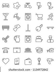 thin line vector icon set - mop vector, water tap, splotch, kettle, jug, wallet, manager, punching bag, shorts, skateboard, hoop, run, glass, tulip, satellitie, heart, scissors, broken bone, bench