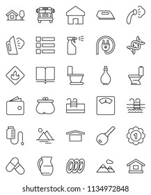thin line vector icon set - steaming vector, toilet, sprayer, oil, plates, jug, book, school bus, wallet, scales, medal, pills, pool, dry cargo, flammable, dna, drop counter, home, chalet, mountain