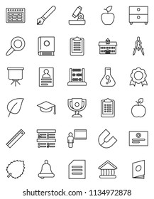 thin line vector icon set - graduate hat vector, pen, university, blackboard, ruler, drawing compass, apple fruit, microscope, bell, schedule, award cup, medal, certificate, magnet, abacus, document