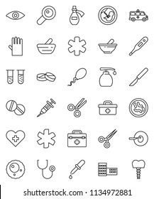 thin line vector icon set - liquid soap vector, rubber glove, school building, doctor bag, ambulance star, heart cross, thermometer, vial, eye, magnifier, pregnancy, insemination, syringe, dropper