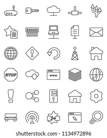 thin line vector icon set - antenna vector, internet, connect, notebook network, disconnection, cloud, shield, big data, server, browser, gear, hub, router, share, home, favorites, bench, undo, mail