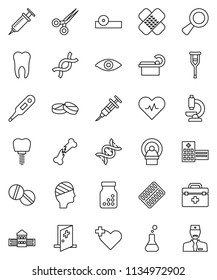 thin line vector icon set - school building vector, doctor bag, heart pulse, cross, thermometer, flask, eye, dna, magnifier, syringe, crutches, scissors, broken bone, patch, pills, bottle, blister