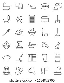 thin line vector icon set - soap vector, plunger, scraper, broom, water tap, scoop, rake, bucket, sponge, trash bin, car fetlock, shining, window cleaning, bath, toilet, drying clothes, brush, sink