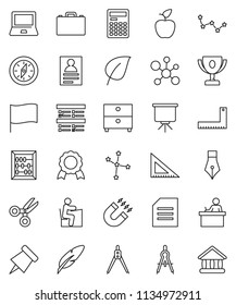 thin line vector icon set - pen vector, corner ruler, drawing compass, student, case, apple fruit, calculator, notebook pc, paper pin, award cup, medal, magnet, scissors, abacus, presentation, flag