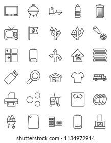 thin line vector icon set - cleaner trolley vector, plates, shining window, towel, skimmer, cutting board, bbq, school building, bus, magnifier, percent growth, dollar flag, scales, t shirt, route