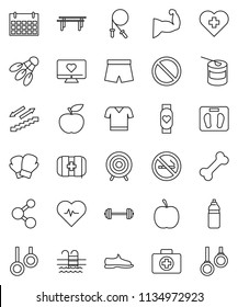 thin line vector icon set - diet vector, barbell, scales, heart pulse, jump rope, horizontal bar, muscule hand, snickers, boxing glove, shorts, t shirt, target, sports nutrition, molecule, monitor