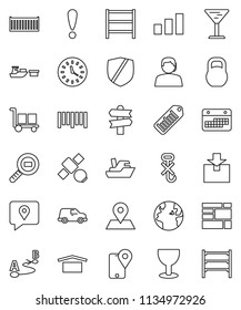 thin line vector icon set - signpost vector, earth, map pin, attention, satellite, support, traking, ship, sea container, car, clock, calendar, port, consolidated cargo, glass, dry, no hook, package