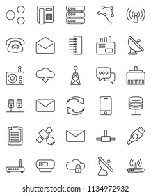 thin line vector icon set - clipboard vector, satellite, antenna, radio, mobile phone, dialog, mail, hdmi, connect, network, server, cloud lock, big data, hub, lan connector, share, refresh, router