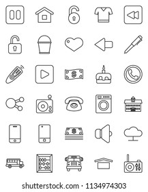 thin line vector icon set - bucket vector, cake, university, pen, school bus, abacus, t shirt, dry cargo, radio, speaker, remote control, mobile phone, social media, heart, play button, pause, arrow
