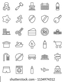 thin line vector icon set - splotch vector, shower, cleaner woman, meat hammer, cake, school building, scissors, calendar, punching bag, shorts, water bottle, no fastfood, run, signpost, plane, ship