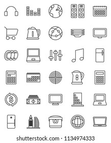 thin line vector icon set - plates vector, kettle, calculator, notebook pc, music, world, exchange, stadium, target, calendar, earth, settings, equalizer, internet, headphones, monitor, cart, fridge