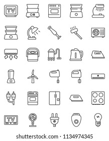 thin line vector icon set - vacuum cleaner vector, iron, kettle, mixer, oven, double boiler, table lamp, tv, rca, windmill, air conditioner, ari condition, fridge, power plug, multi cooker, blender