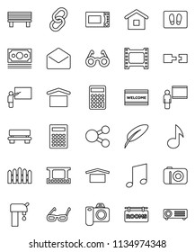 thin line vector icon set - welcome mat vector, microwave oven, pen, blackboard, glasses, calculator, music, money, dry cargo, film frame, link, mail, share, bench, connection, water supply, fence