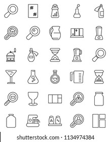 thin line vector icon set - window cleaning vector, shining, measuring cup, hand mill, spices, jug, jar, magnifier, flask, glass, cargo search, sand clock, potion, estate, client, coffee maker