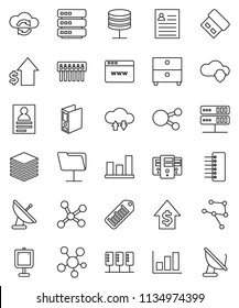 thin line vector icon set - presentation vector, archive, personal information, graph, dollar growth, binder, barcode, social media, network, server, folder, cloud shield, exchange, big data, hub
